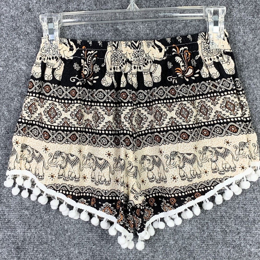 PullOn Shorts Girls XL Or Women XXS Elephant Pattern Elastic Waist Ball Fringe